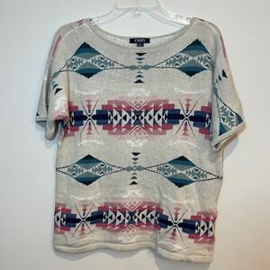 Ralph Lauren Chaps Denim Sweater Short Sleeve Aztec Southwest Beige Blue Pink M